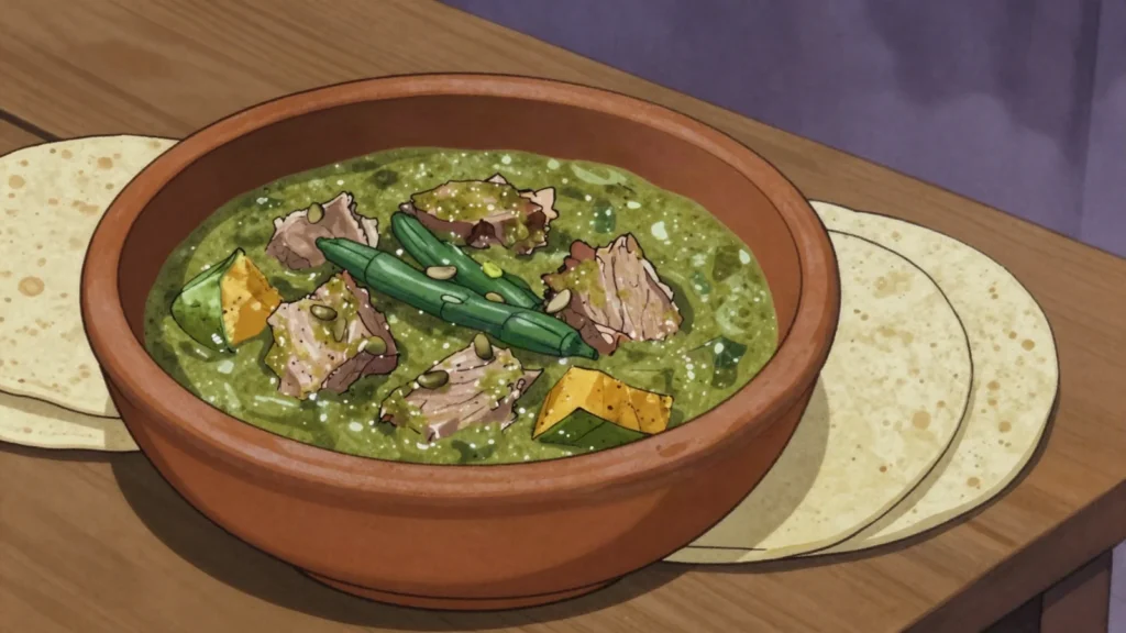 Mole verde, bright green mole of tomatillo, pumpkin seed and hoja santa with pork, Mexico main, anime style