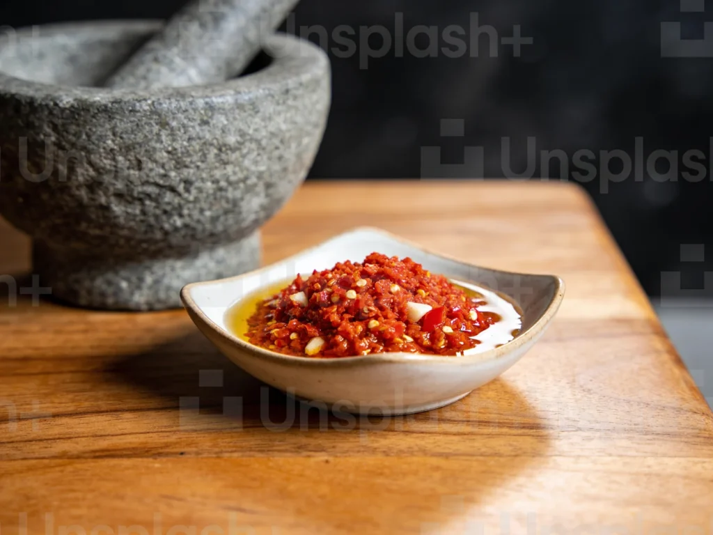 Molho de piri-piri, bird's eye chilies crushed with garlic, lemon and oil into a, Mozambique sauce & condiment, anime style