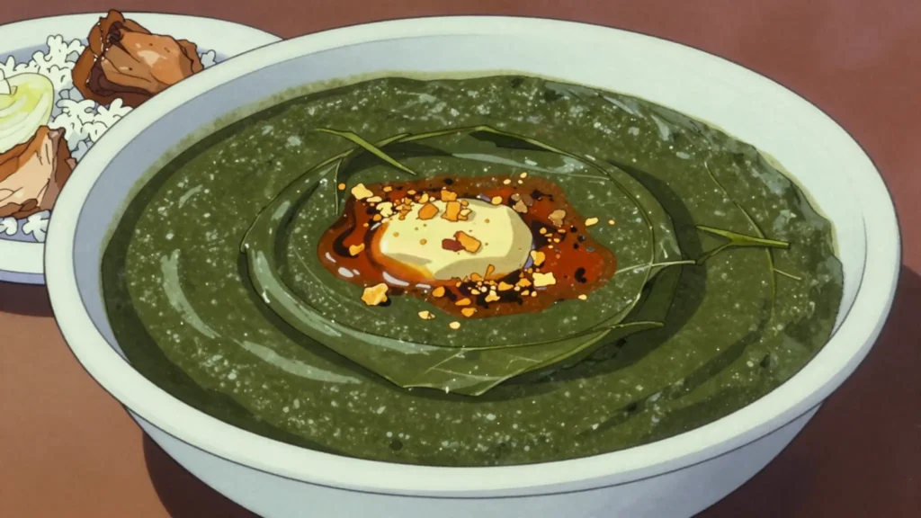 Molokhia, velvety jute-leaf soup with fried garlic-coriander, over rice or with rabbit, Egypt soup & stew, anime style