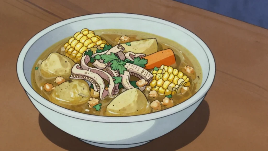 Mondongo, slow tripe soup with vegetables and legumes, weekend restorative, Venezuela soup & stew, anime style