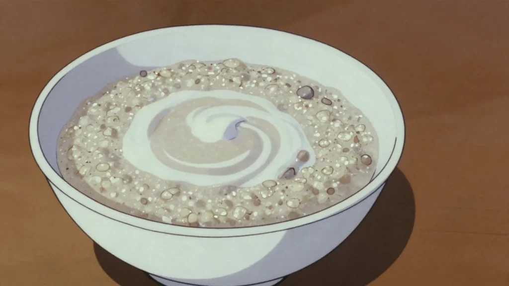 Moni, pearled millet porridge with tamarind, sugar and milk, Mali breakfast, anime style