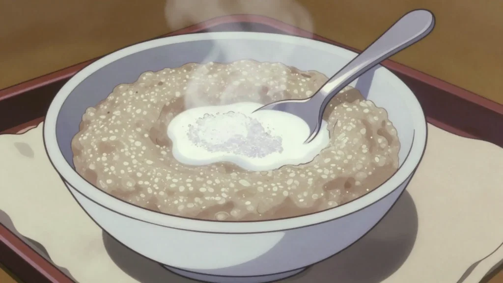 Mono, plain millet porridge eaten hot, sweetened with sugar or sour milk, Gambia breakfast, anime style