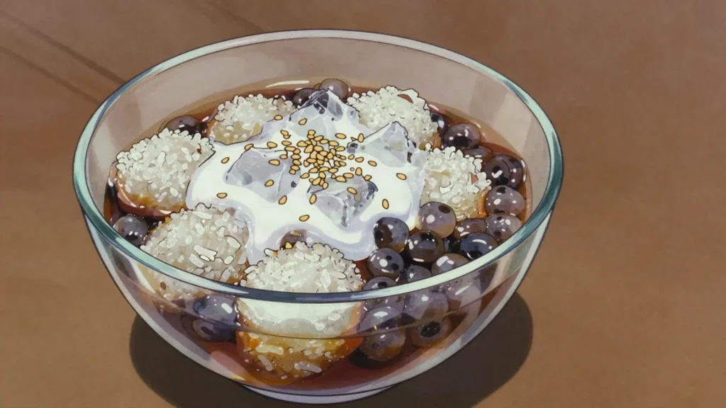 Mont Let Hsaung, rice dumplings and tapioca in jaggery syrup with coconut cream and ice, Myanmar dessert, anime style