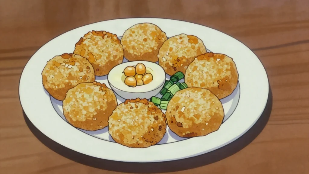Mont Lin Ma Yar, griddled quail-egg rice puffs joined in pairs, 'husband-and-wife snack', Myanmar street food, anime style