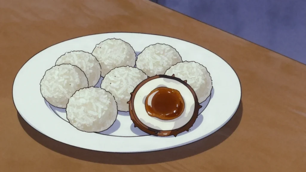 Mont Lone Yay Baw, floating glutinous rice balls hiding jaggery, made during Thingyan, Myanmar dessert, anime style