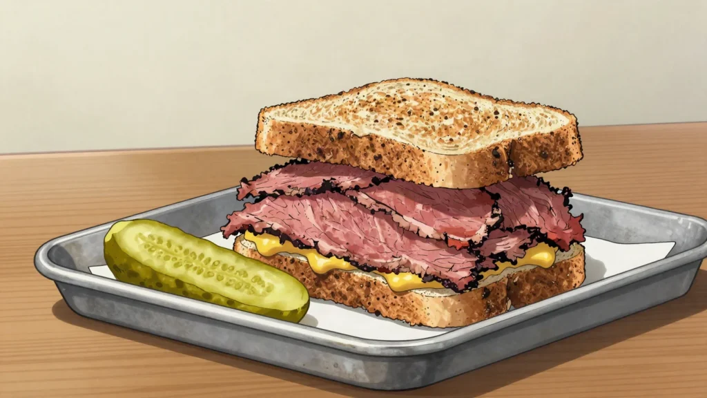 Montreal smoked meat, cured spiced brisket piled high on rye with mustard, Canada main, anime style