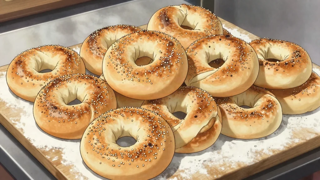 Montreal-style bagel, wood-fired, sweeter, denser bagel boiled in honey water, Canada bread & pastry, anime style