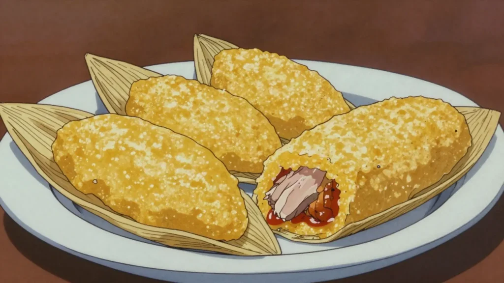 Montucas, sweet-corn tamales with pork, wrapped in corn husks, Honduras main, anime style