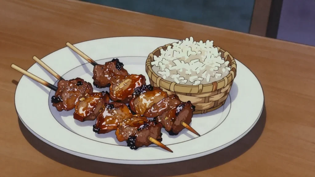 Moo Ping, sweet-garlicky grilled pork skewers, breakfast with sticky rice, Thailand street food, anime style