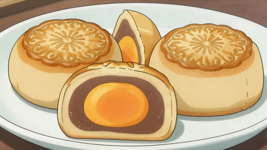 Mooncake, dense pastry filled with lotus-seed paste and salted egg yolk for Mid-Autumn Festival, China dessert, anime style