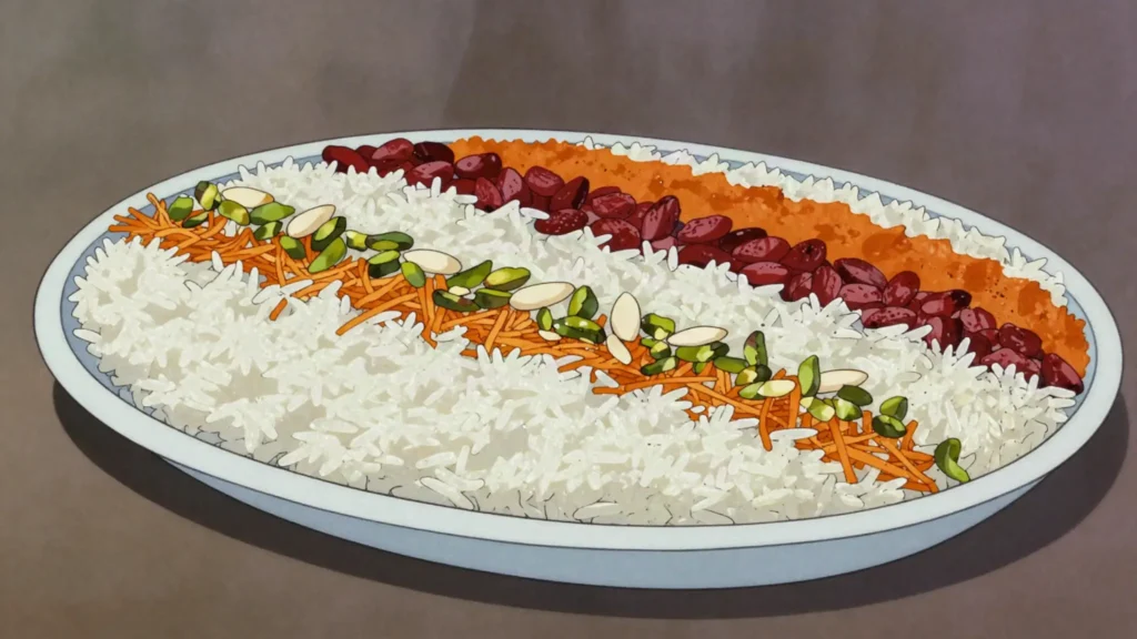 Morasa polo, jewelled rice with barberries, candied orange peel, pistachio and almond, Iran main, anime style