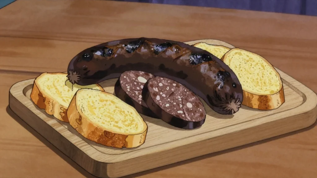 Morcela, pork blood sausage, grilled or dropped into cozido, Portugal charcuterie & cured, anime style