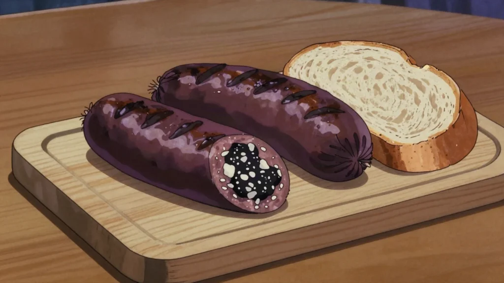 Morcilla, blood sausage grilled whole and spread on bread at the asado, Argentina charcuterie & cured, anime style