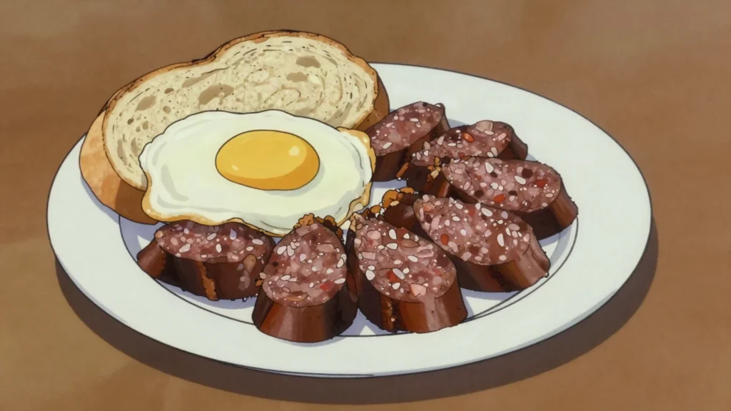 Morcilla de Burgos, blood sausage bulked with rice and onion, fried in slices, Spain charcuterie & cured, anime style