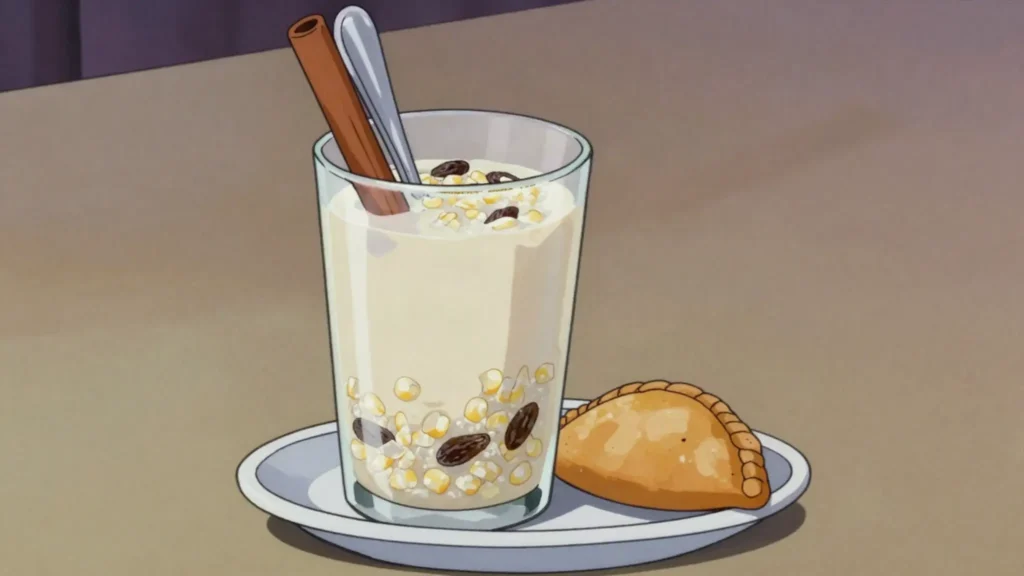 Morocho, hot drink of cracked white maize simmered in milk with cinnamon and raisins, Ecuador drink, anime style