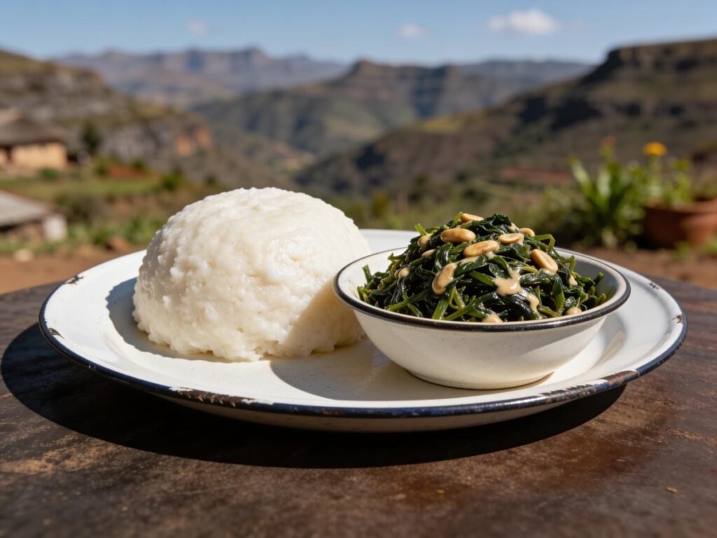Moroho, wild or garden greens braised with onion, Lesotho salad & side