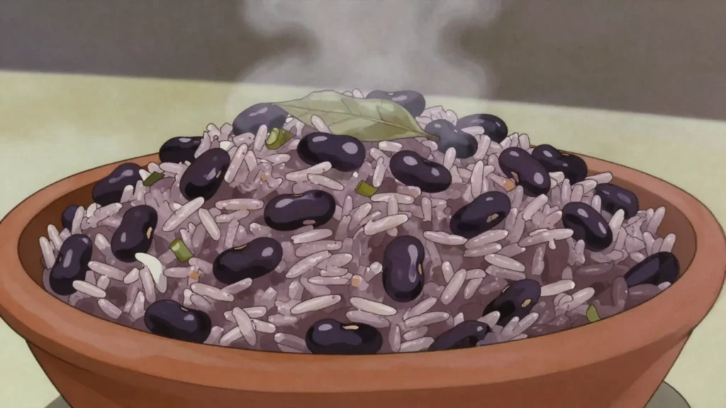 Moros y cristianos, black beans and rice cooked together, Cuba salad & side, anime style