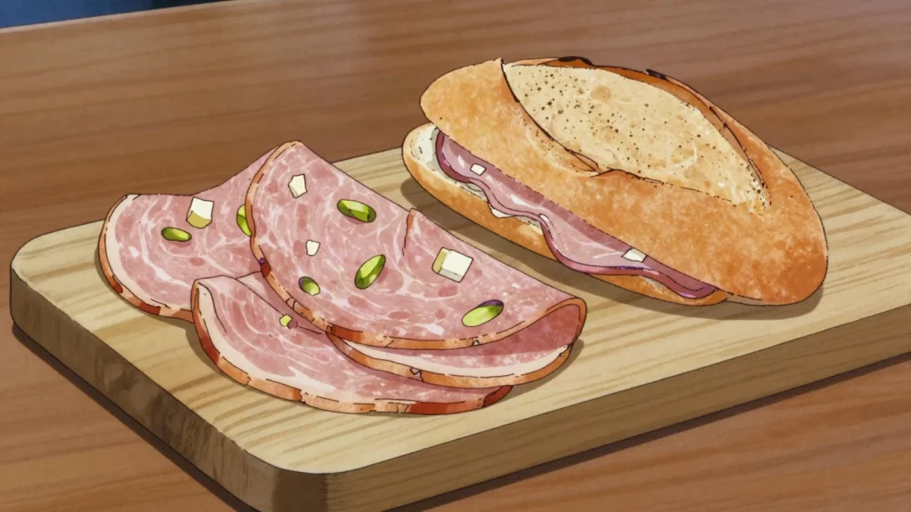 Mortadella, large, silky Bologna pork sausage studded with fat cubes and pepper, Italy charcuterie & cured, anime style