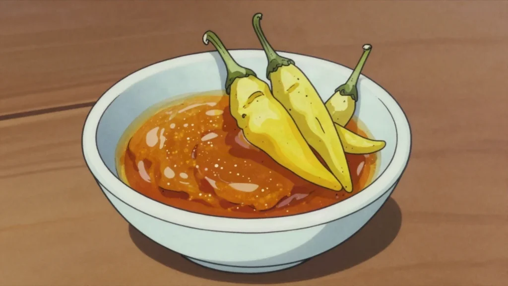 Moruga scorpion pepper sauce, blistering yellow sauce from one of the, Trinidad and Tobago sauce & condiment, anime style