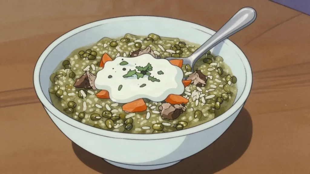 Moshhurda, mung bean and rice porridge with lamb and tomato, Uzbekistan soup & stew, anime style