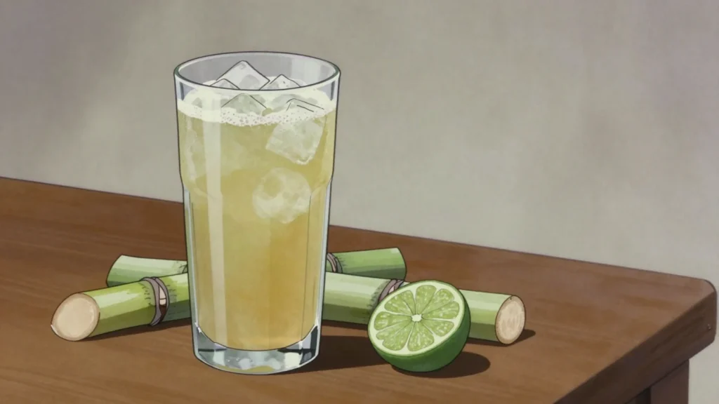 Mosto, fresh-pressed sugarcane juice served ice cold from street carts, Paraguay drink, anime style
