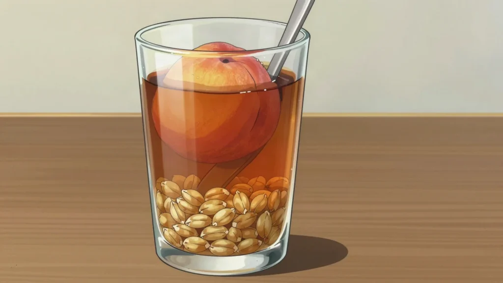 Mote con huesillo, sun-dried peach nectar with husked wheat, summer street cooler, Chile drink, anime style
