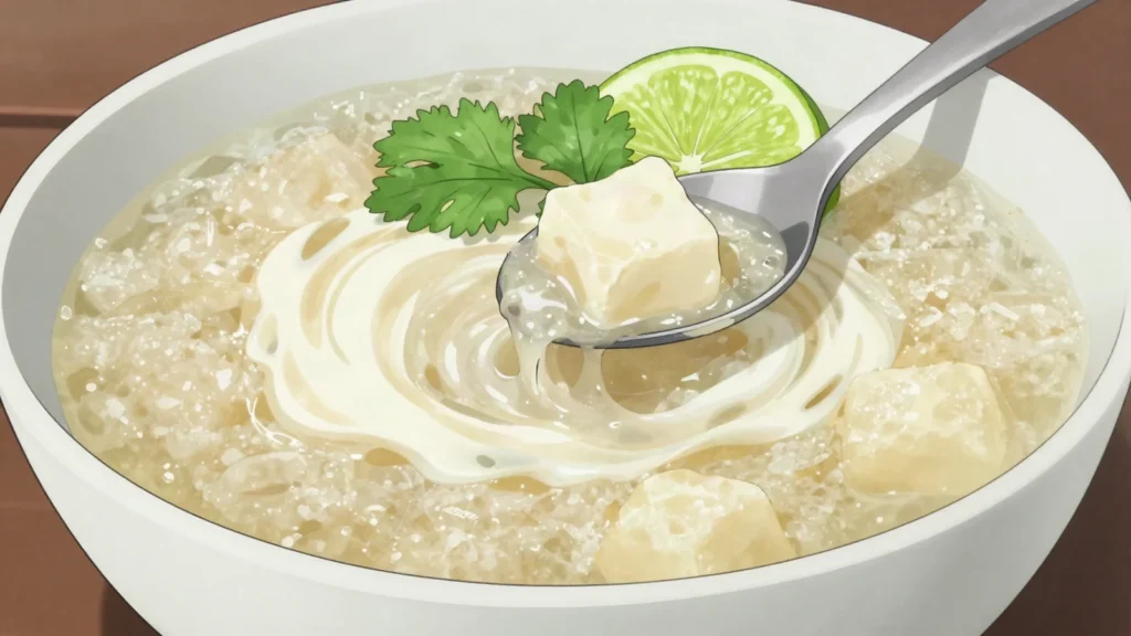 Mote de queso, costeño soup of ñame yam with melting salty cheese, Colombia soup & stew, anime style