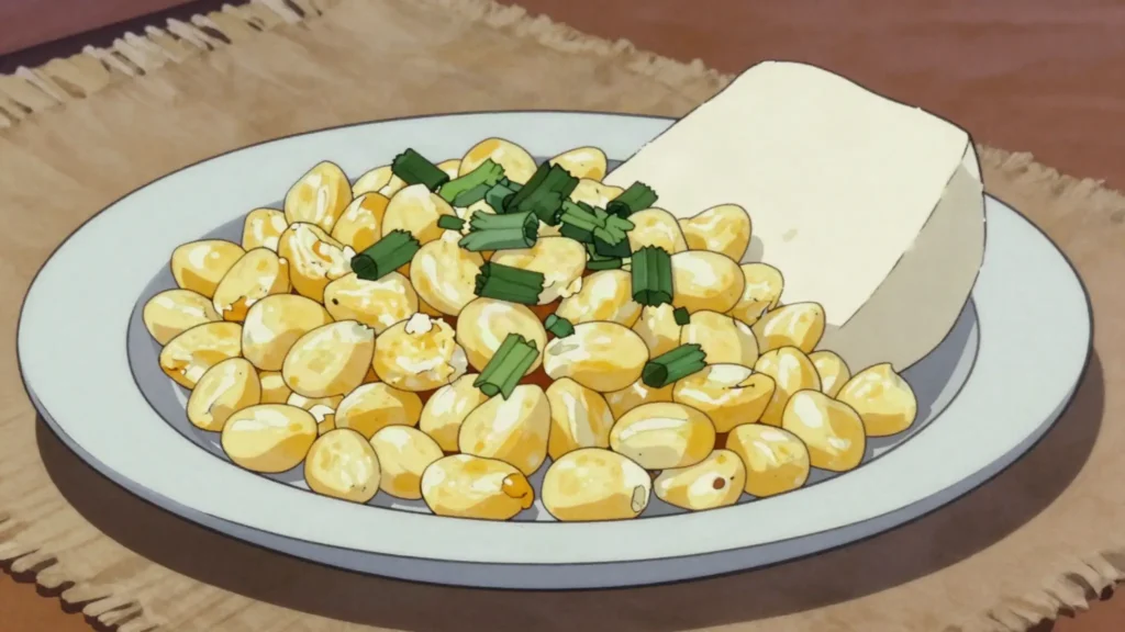 Mote pillo, hominy corn scrambled with egg, onion and milk, from Cuenca, Ecuador salad & side, anime style