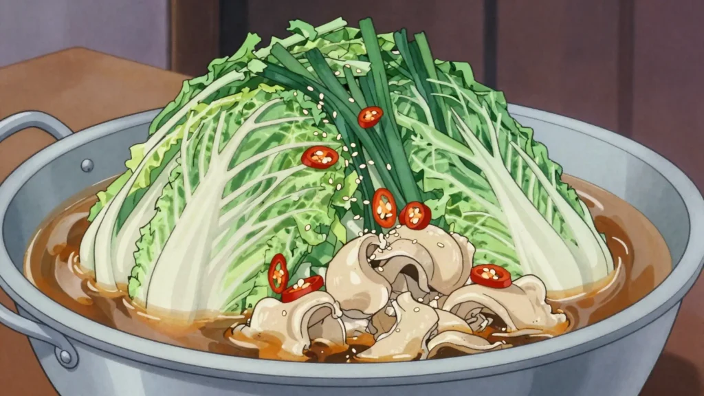 Motsunabe, fukuoka hotpot of beef offal, cabbage and garlic chives in soy or miso broth, Japan soup & stew, anime style