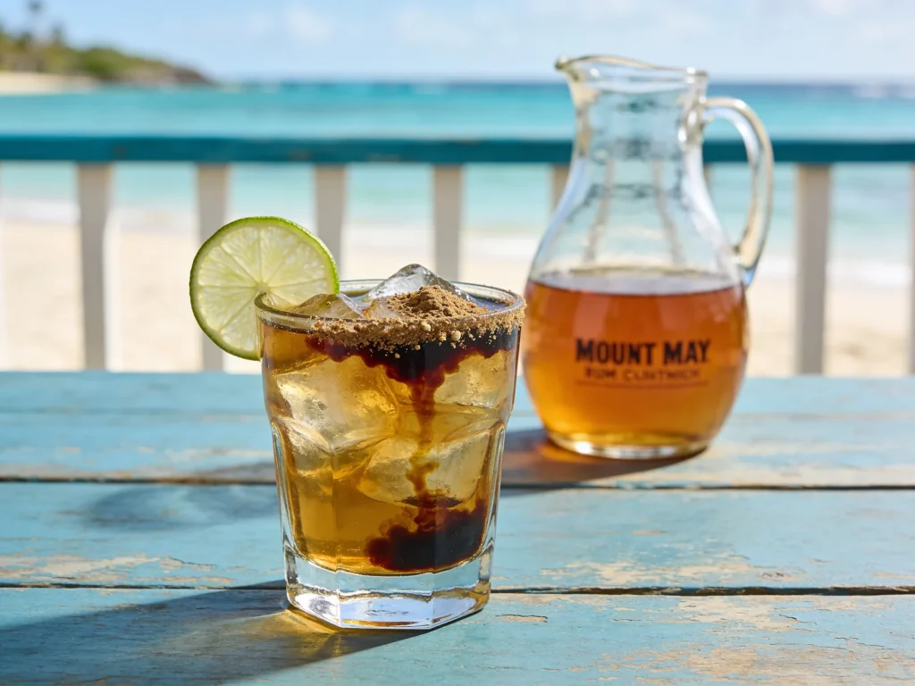 Mount Gay rum, golden Barbadian rum with banana and vanilla notes, sipped or mixed, Barbados wine & spirit, anime style
