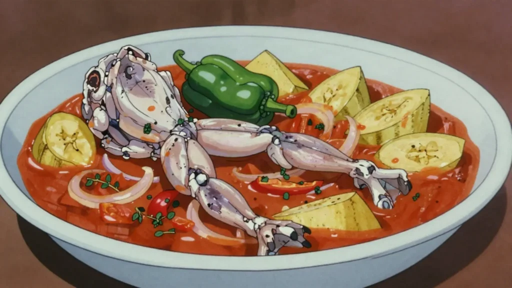 Mountain chicken, crapaud frog legs stewed creole-style; historic national dish, now rare, Dominica main, anime style