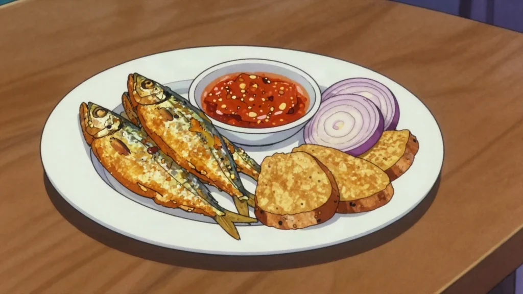 Mpiodi, small horse mackerel fried whole and eaten hot with chili and cassava, Republic of the Congo street food, anime style