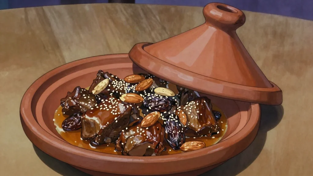 Mrouzia, honeyed lamb tagine with raisins, almonds and ras el hanout, Morocco main, anime style