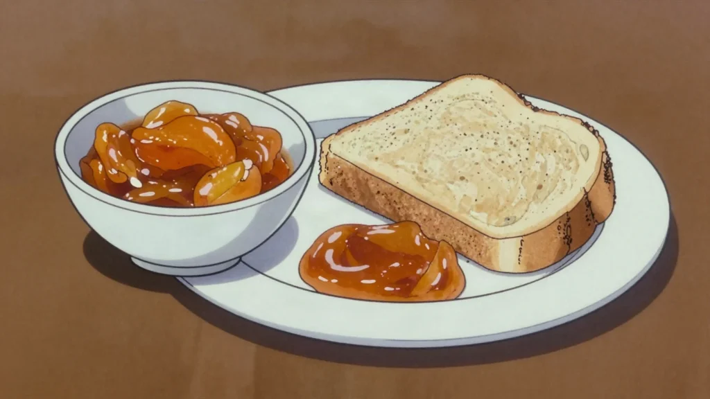 Mrs Ball's Chutney, sweet-sour fruit chutney spooned onto curry, bobotie and, South Africa sauce & condiment, anime style