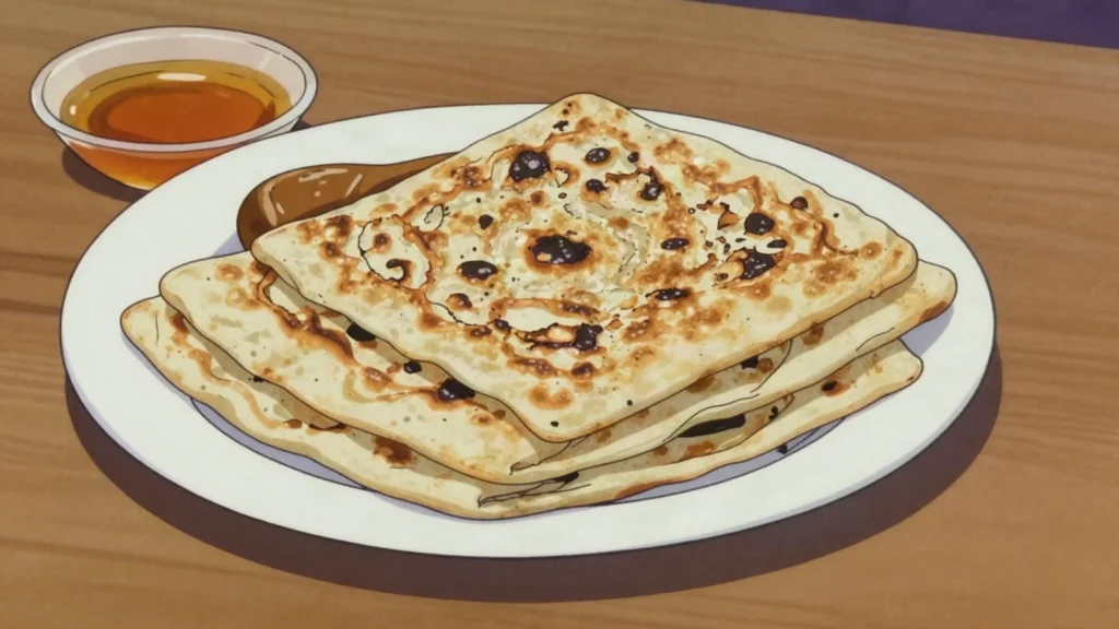 Msemen, flaky square pan-fried flatbread, eaten with honey or stuffed savoury, Morocco bread & pastry, anime style