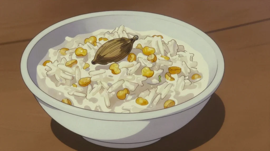 Mseto, rice and split lentils cooked soft in coconut milk, Tanzania breakfast, anime style