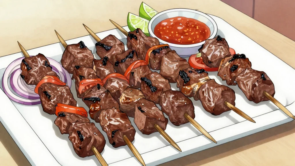 Mshakiki, marinated zebu skewers grilled over coals, Comoros street food, anime style
