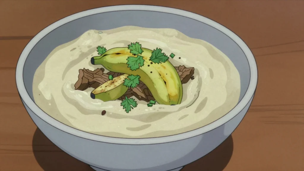 Mtori, chagga plantain-and-beef puree soup from Kilimanjaro, Tanzania soup & stew, anime style
