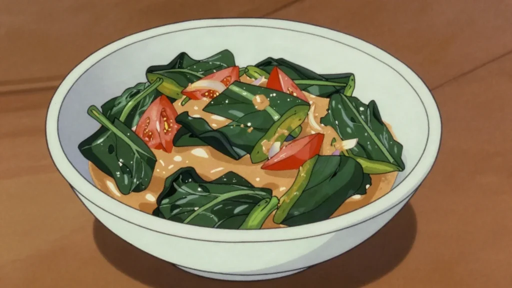 Muboora, pumpkin leaves cooked with tomatoes or peanut butter, Zimbabwe salad & side, anime style