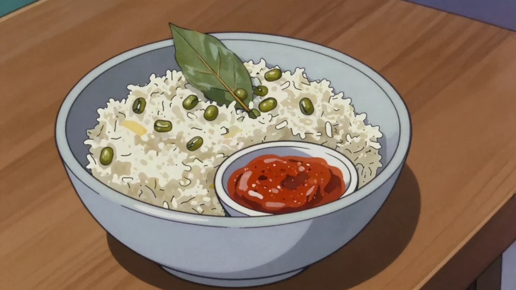 Mucapata, zambezia rice cooked with mung beans and coconut, Mozambique salad & side, anime style