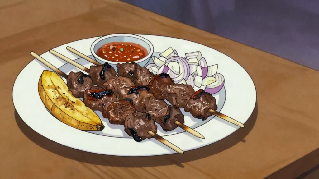 Muchomo, charcoal-grilled meat skewers sold at roadside stands, Uganda street food, anime style