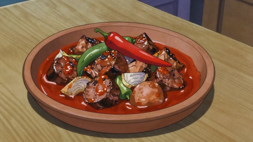 Mućkalica, grilled meat re-stewed with peppers, tomatoes, chili, Serbia soup & stew, anime style