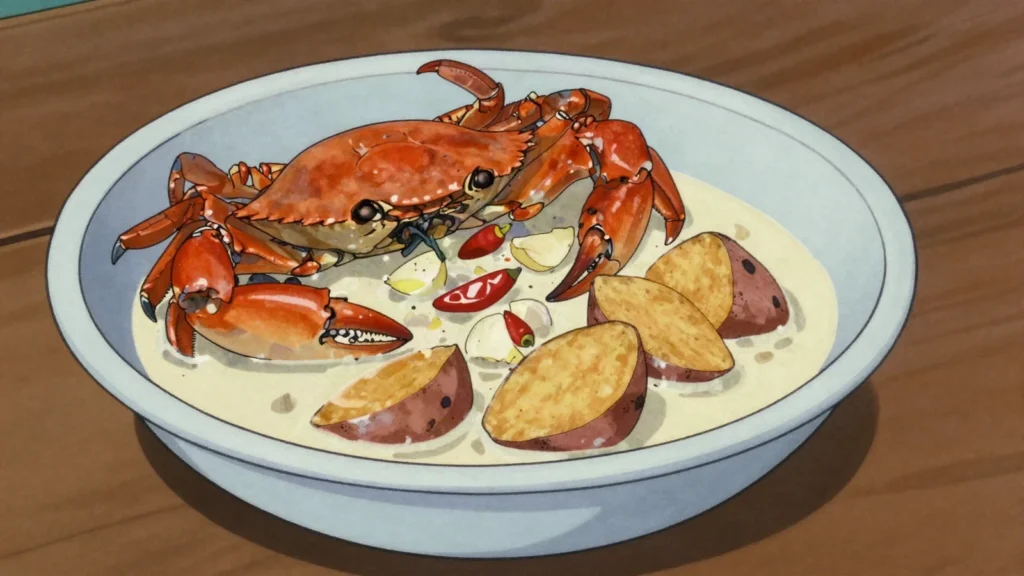 Mud Crab, mangrove crab boiled or cooked in coconut cream, sold live at roadside markets, Papua New Guinea main, anime style