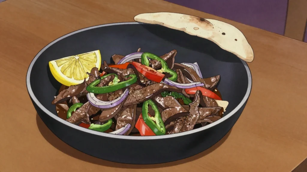 Mugalgal, lamb or liver flash-fried with pepper and onion in a shallow pan, Saudi Arabia main, anime style