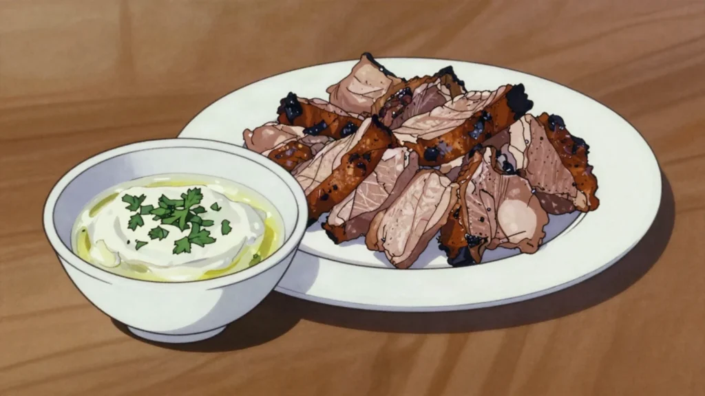 Mujdei, raw garlic crushed with salt, oil and water, poured over meat, Moldova sauce & condiment, anime style