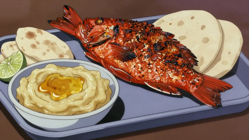 Mukbaza, yemeni-style grilled fish with mashed sweet banana paste, Djibouti main, anime style