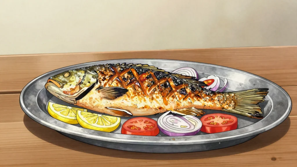 Mukeke, prized Lake Tanganyika fish, grilled or stewed in Bujumbura, Burundi main, anime style