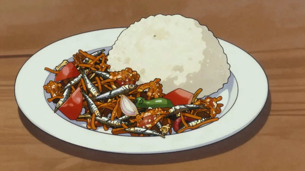 Mukene, tiny sun-dried Lake Victoria silverfish fried with tomato and onion, Uganda main, anime style