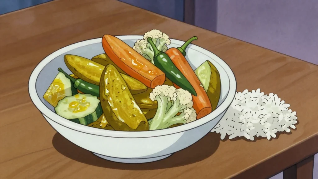 Mukhallal, turmeric-yellow pickled vegetables served beside rice dishes, Bahrain fermented & pickled, anime style