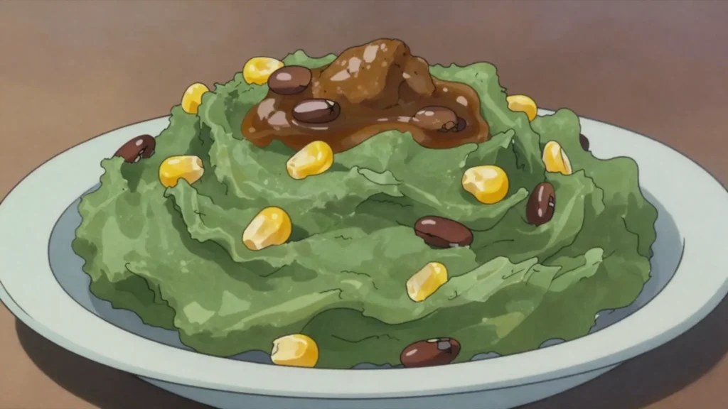 Mukimo, potatoes mashed with maize, beans and pumpkin leaves until green, Kenya main, anime style
